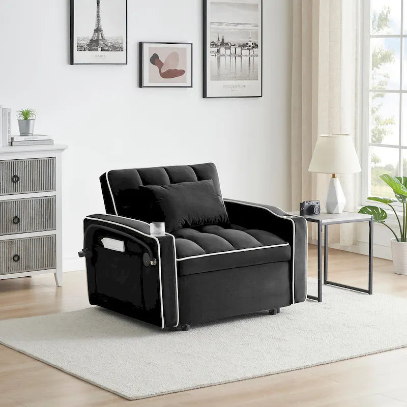 Foldable Sofa Bed , Modern Sofa Sofa Velvet Pull-Out Bed, Adjustable Back And With Usb Port And Ashtray And Swivel Phone Stand