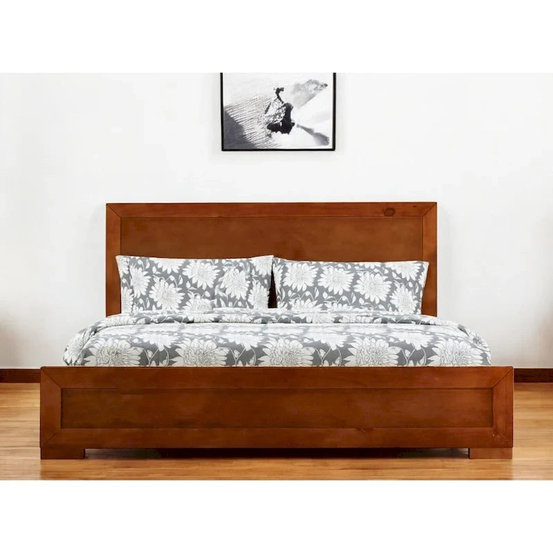 HomeRoots Brown Inlaid Panels Solid Wood Queen Bed Frame