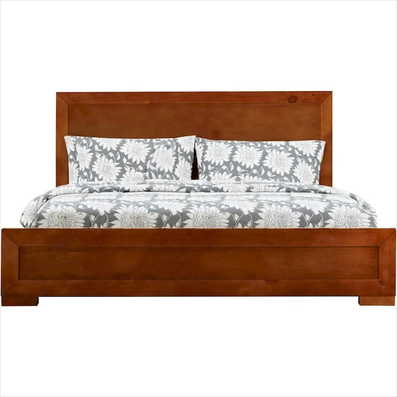 Brown Inlaid Panels Solid Wood Bed Frame