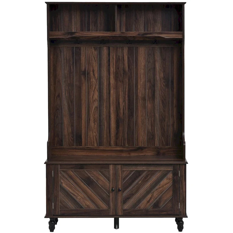 Modern Hall Tree, Entryway Bench with 2 Open Storage Shelves, 4 Metal Double Hooks, for Entrance and Hallway
