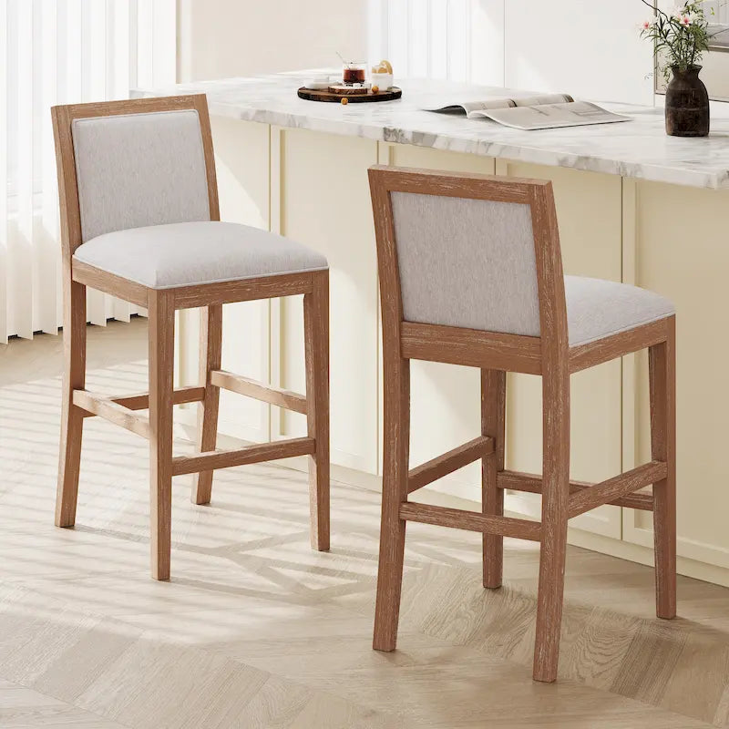 Retro Bar Stools, Set of 2 Upholstered 30.5 Bar Height Chairs with Fabric Cushion and Wood Frame