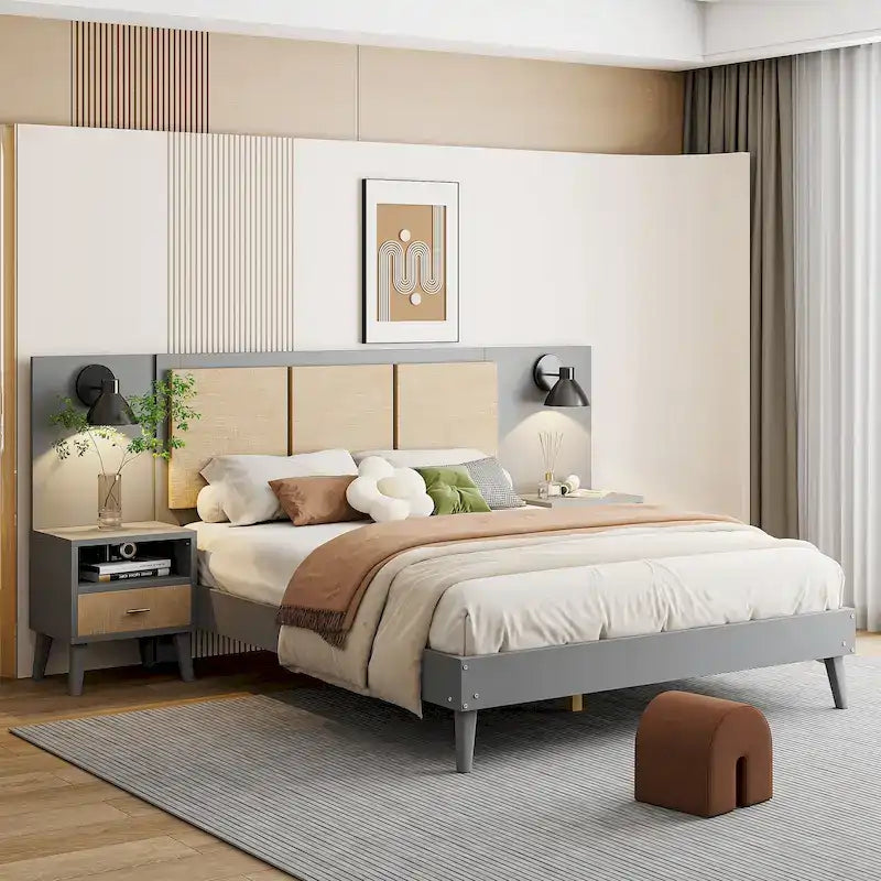 Solid Wood Platform Bed with Nightstands & Headboard Lamps