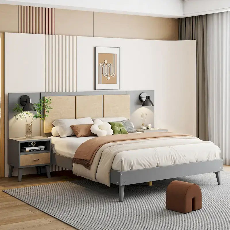 Queen Solid Wood Platform Bed with Nightstands & Headboard Lamps