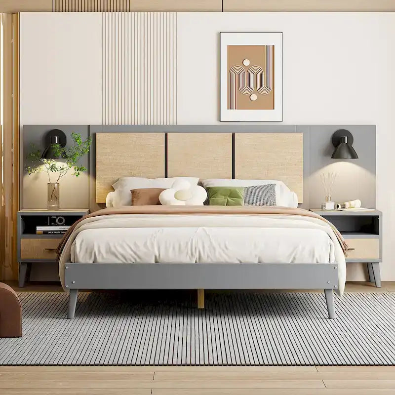 Letto a piattaforma in legno massello con comodini e lampade per testiera