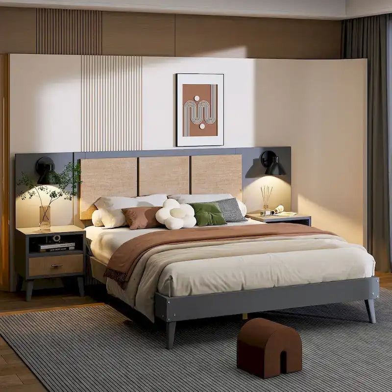 Solid Wood Platform Bed with Nightstands & Headboard Lamps