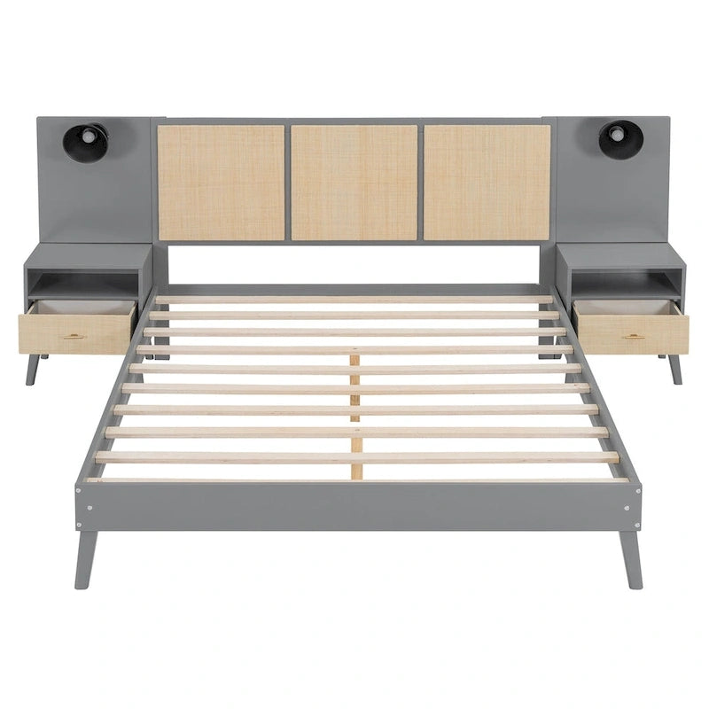 Solid Wood Platform Bed with Nightstands & Headboard Lamps