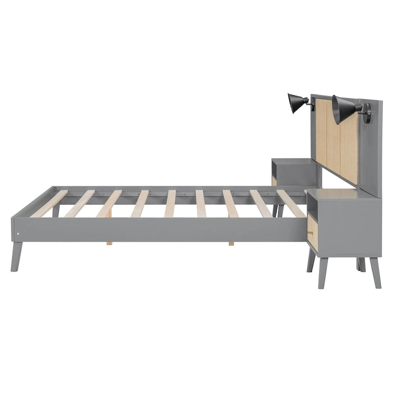 Letto a piattaforma in legno massello con comodini e lampade per testiera