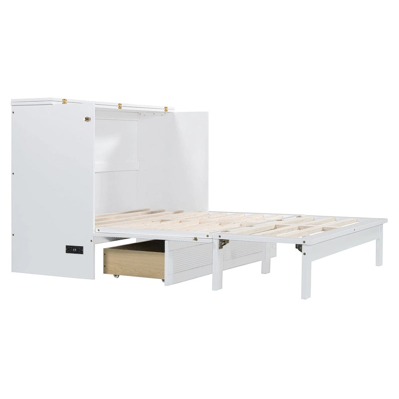 Murphy Bed Wall Bed with a Large Storage Drawer, Space Saving Murphy Cabinet Bed w/ a set of Sockets & USB Ports