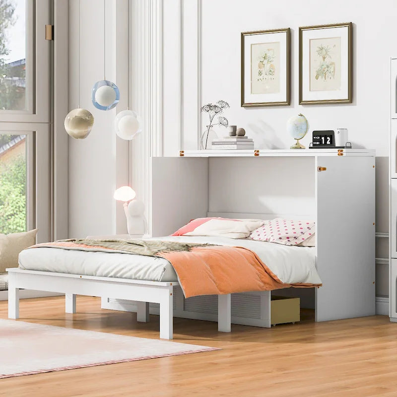 Murphy Bed Wall Bed with a Large Storage Drawer, Space Saving Murphy Cabinet Bed w/ a set of Sockets & USB Ports
