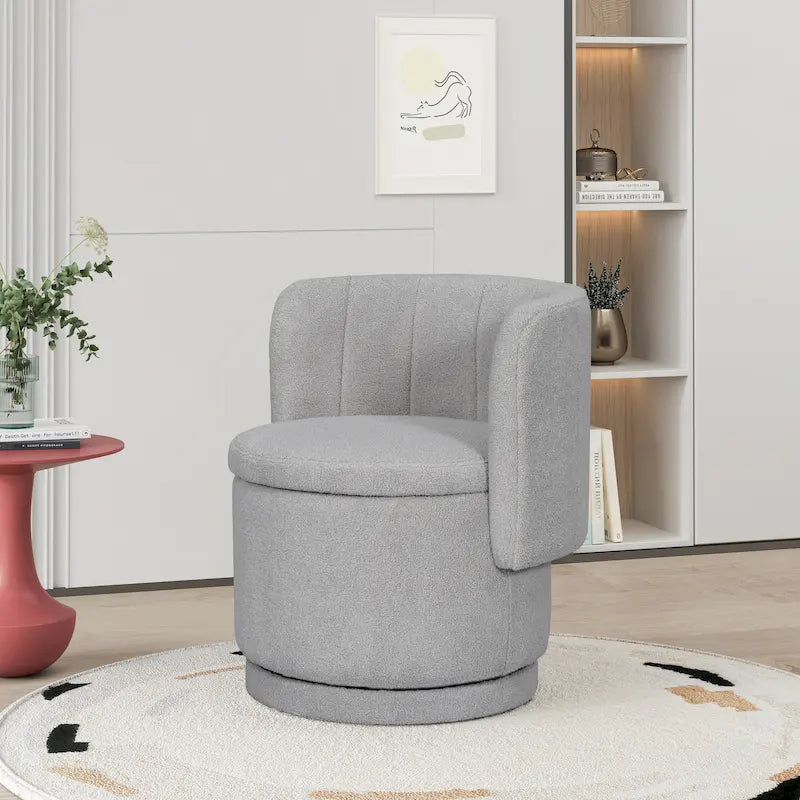 Poltrona d'accento girevole in tessuto con vano contenitore, per soggiorno, grigia
