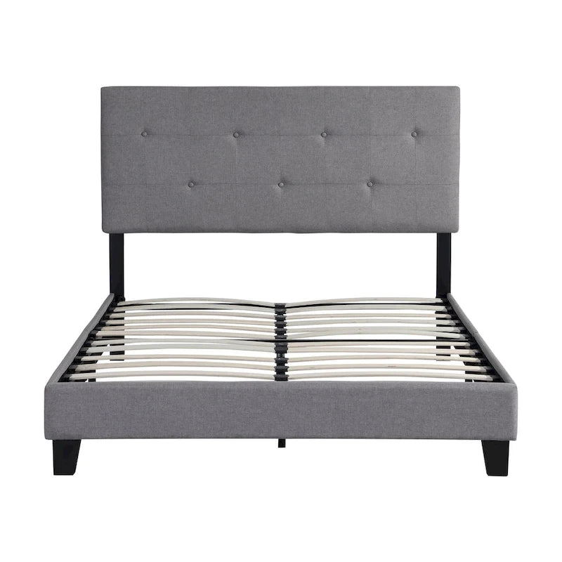 Grey Linen Upholstered Platform Bed with Pull Point Tufted Headboard, Strong Wood Slat Support, No Box Spring Needed
