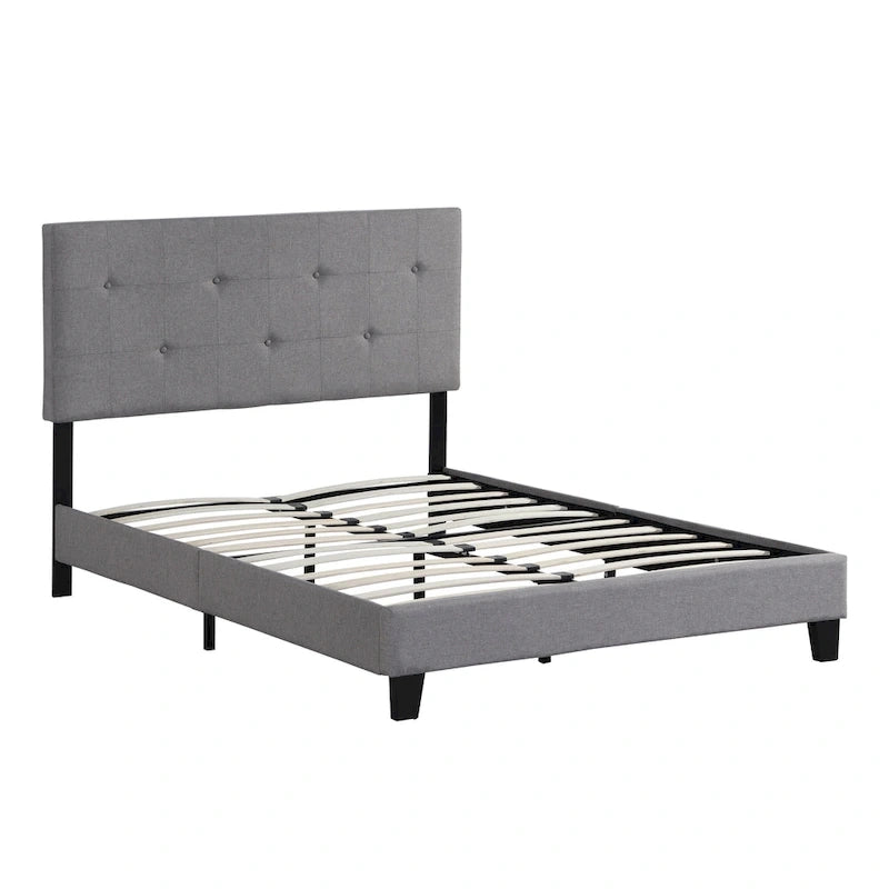 Grey Linen Upholstered Platform Bed with Pull Point Tufted Headboard, Strong Wood Slat Support, No Box Spring Needed