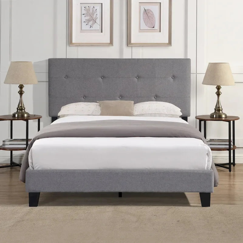 Grey Linen Upholstered Platform Bed with Pull Point Tufted Headboard, Strong Wood Slat Support, No Box Spring Needed