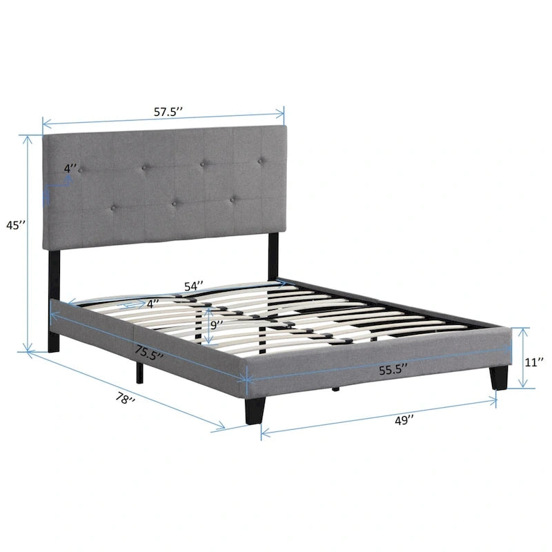 Grey Linen Upholstered Platform Bed with Pull Point Tufted Headboard, Strong Wood Slat Support, No Box Spring Needed