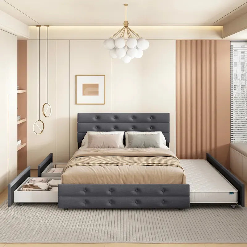 Linen Button Tufted Platform Bed Frame with 2 Storage Drawers & Trundle