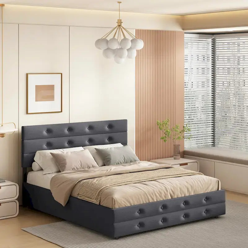 Linen Button Tufted Platform Bed Frame with 2 Storage Drawers & Trundle