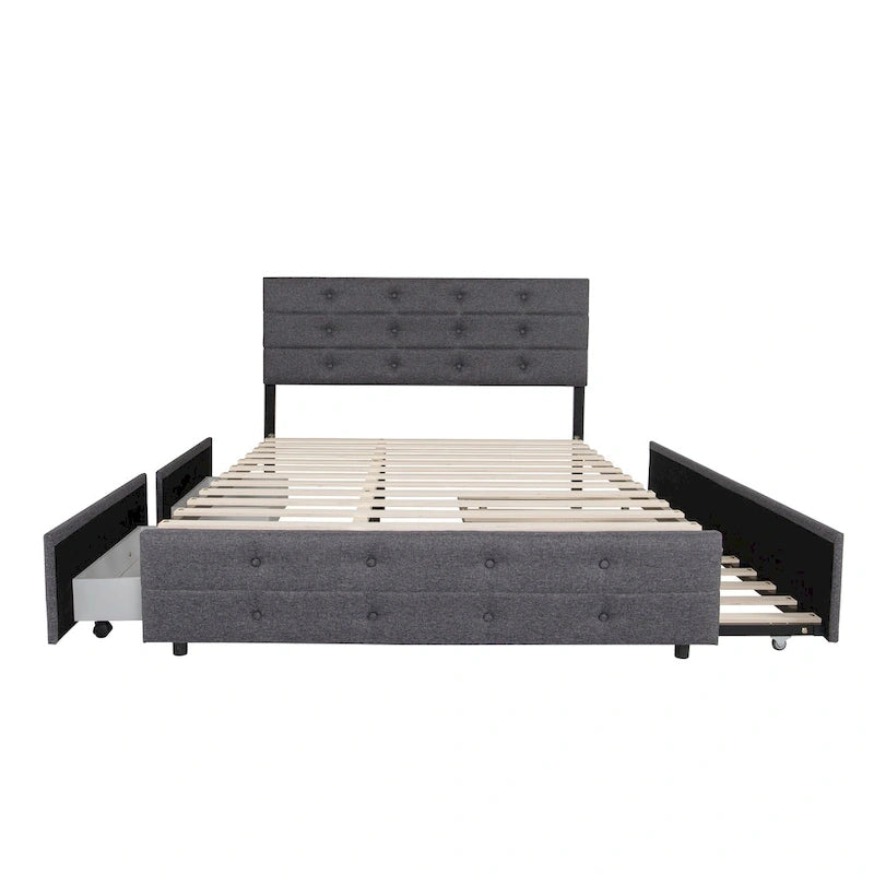 Linen Button Tufted Platform Bed Frame with 2 Storage Drawers & Trundle