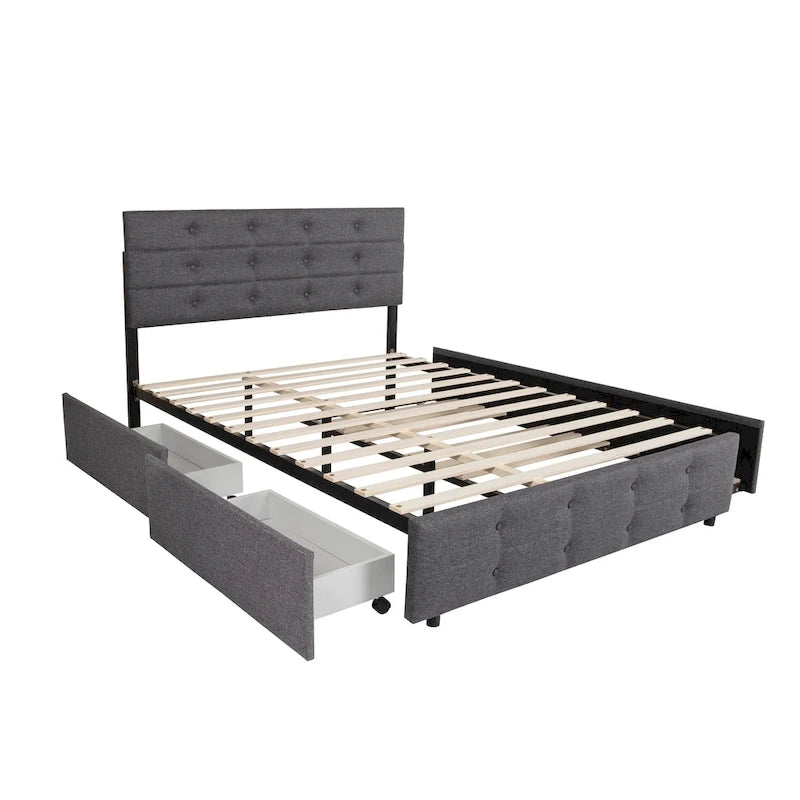 Linen Button Tufted Platform Bed Frame with 2 Storage Drawers & Trundle