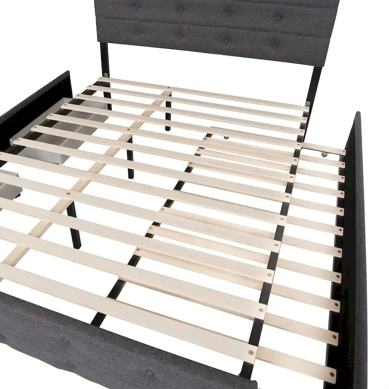 Linen Button Tufted Platform Bed Frame with 2 Storage Drawers & Trundle