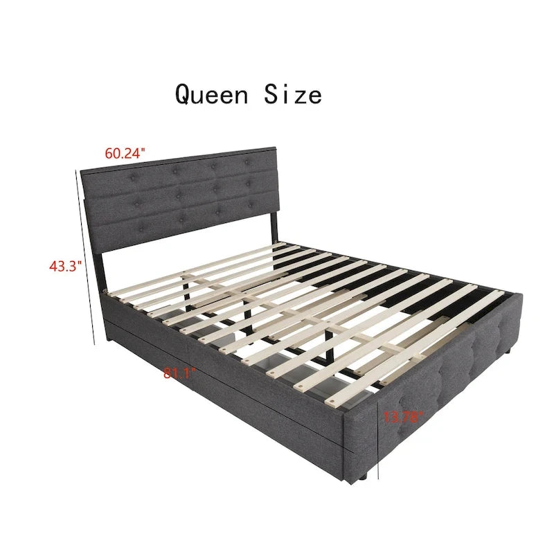 Linen Button Tufted Platform Bed Frame with 2 Storage Drawers & Trundle