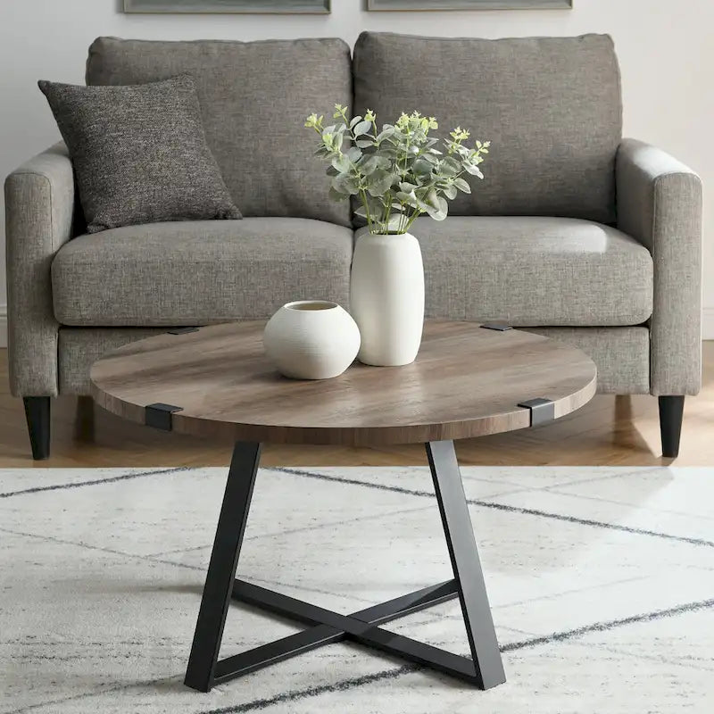 Traditional Distressing Round Metal Wrap Coffee Table