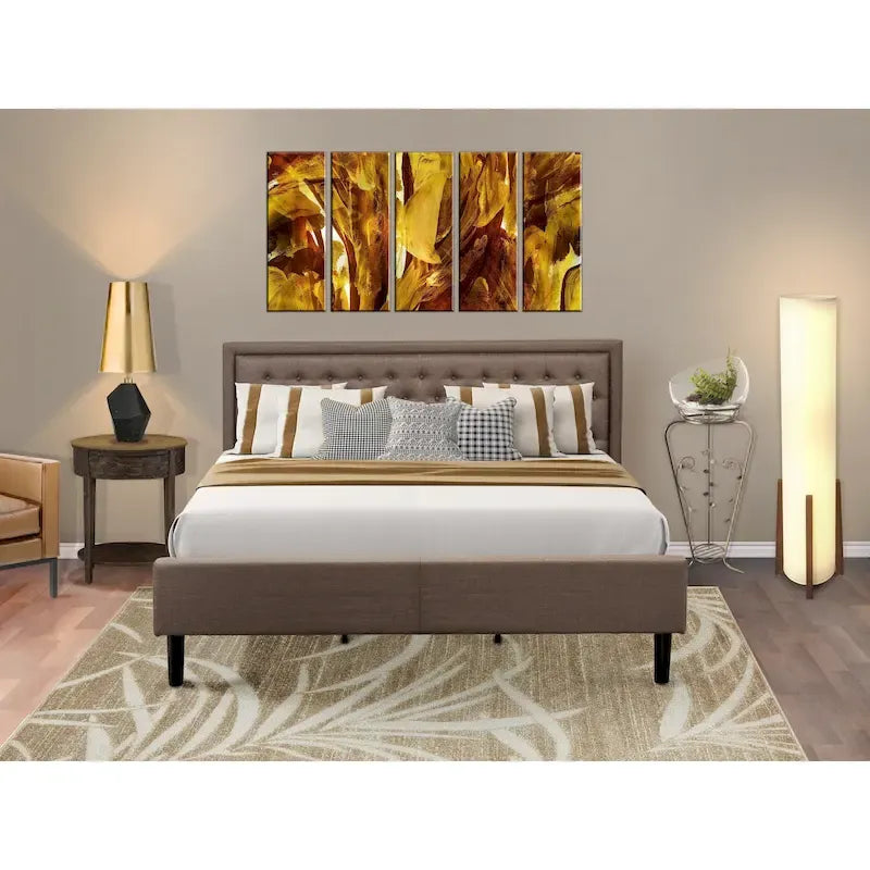 2 Piece Bedroom Set - Bed Frame Brown Headboard & 1 Wooden Nightstand - Black Finish Legs(Bed Size Option)