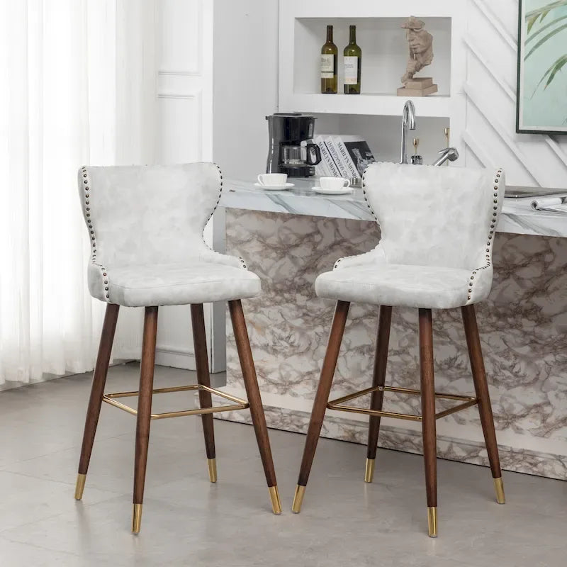 Mid-century Modern Faux Leather Tufted Nailhead Trim Barstool Set of 2