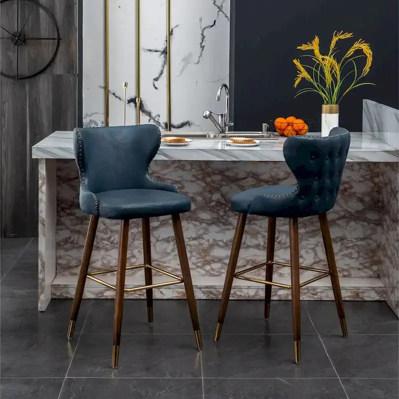 Mid-century Modern Faux Leather Tufted Nailhead Trim Barstool Set of 2