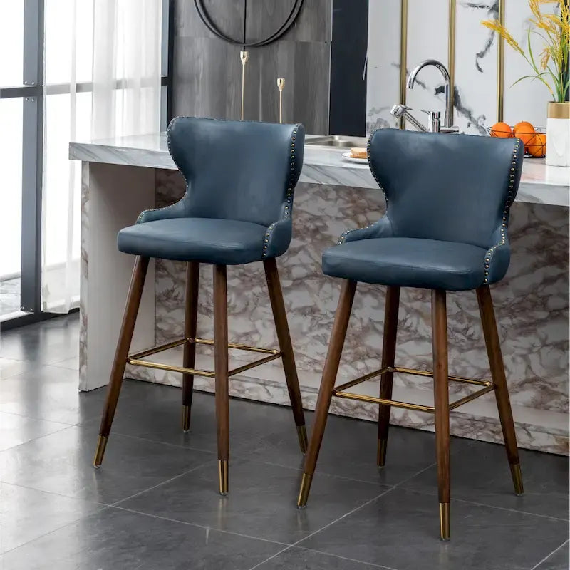 Mid-century Modern Faux Leather Tufted Nailhead Trim Barstool Set of 2