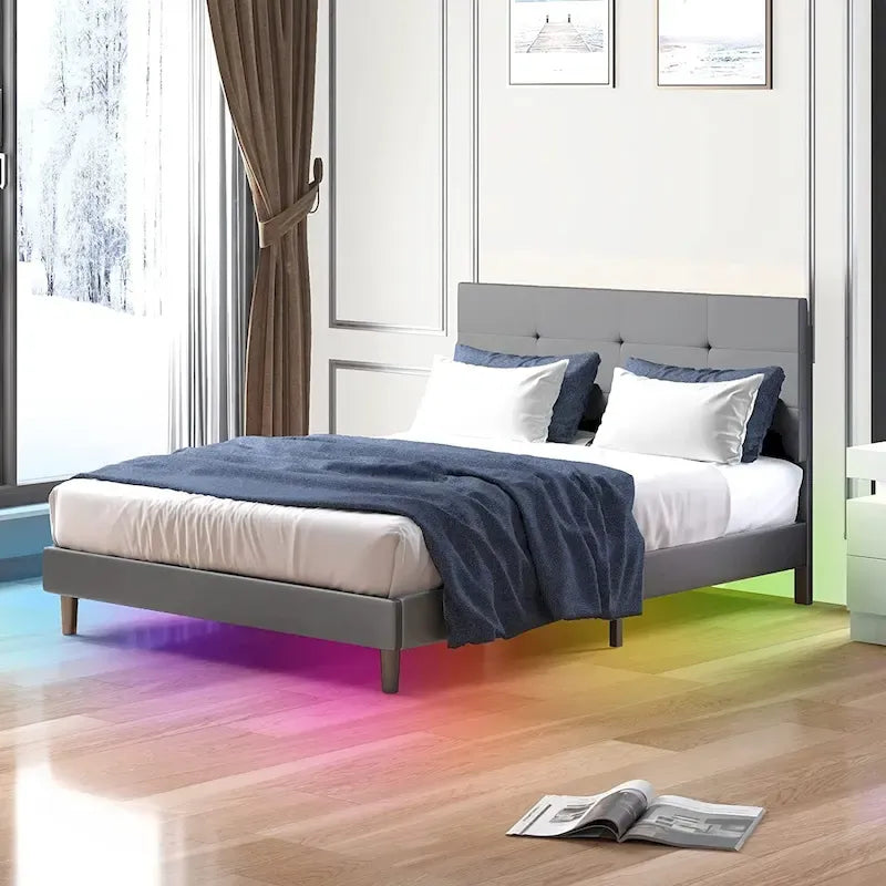 Struttura letto con luci LED intelligenti, testiera con bottoni, rivestimento in tessuto PVC e base a piattaforma, non richiede rete a molle