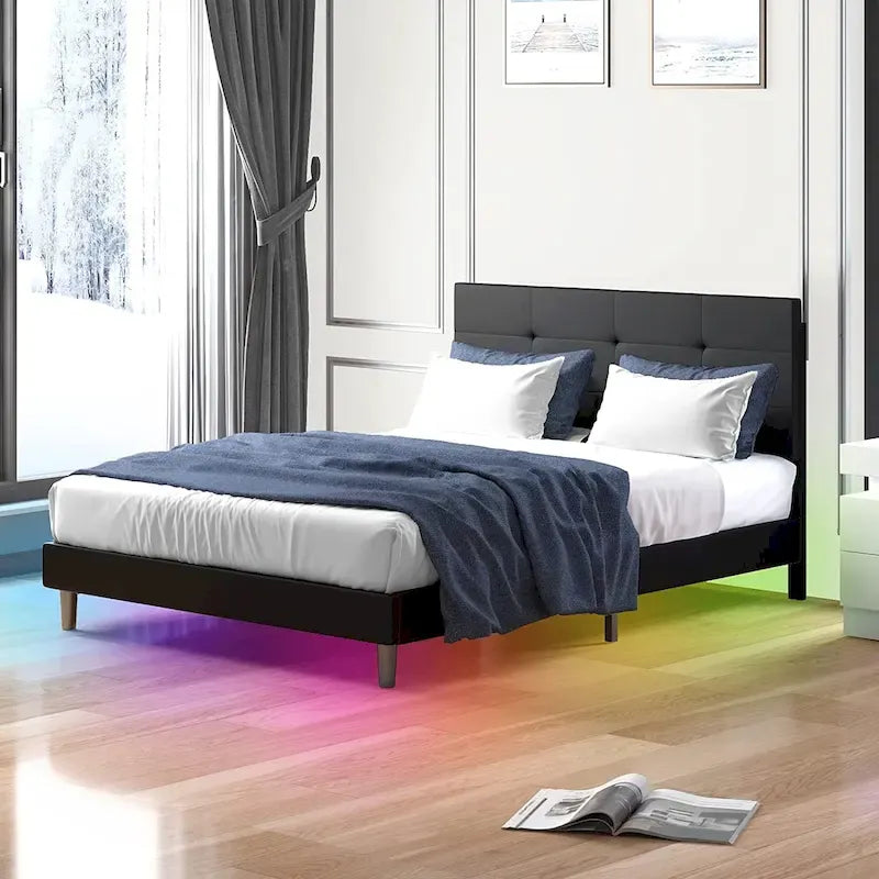 Bed Frame with Smart LED Lights Button Tufted Headboard PVC Fabric Upholstered Platform No Box Spring Needed