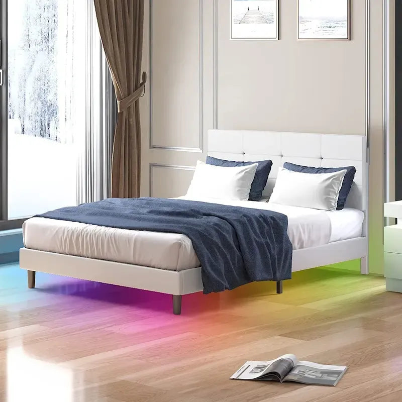 Bed Frame with Smart LED Lights Button Tufted Headboard PVC Fabric Upholstered Platform No Box Spring Needed