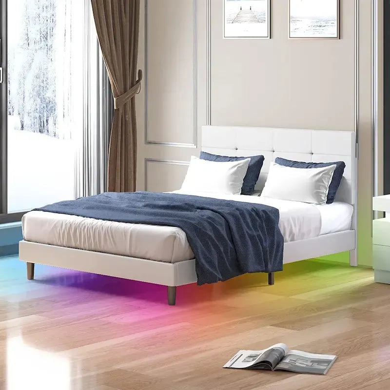 Bed Frame with Smart LED Lights Button Tufted Headboard PVC Fabric Upholstered Platform No Box Spring Needed