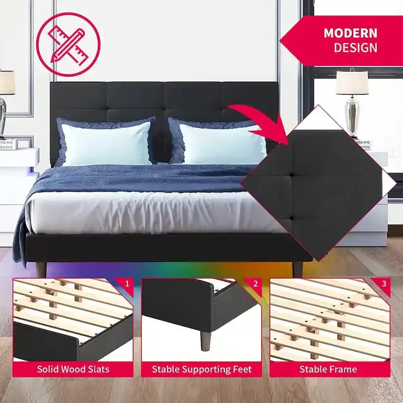Bed Frame with Smart LED Lights Button Tufted Headboard PVC Fabric Upholstered Platform No Box Spring Needed