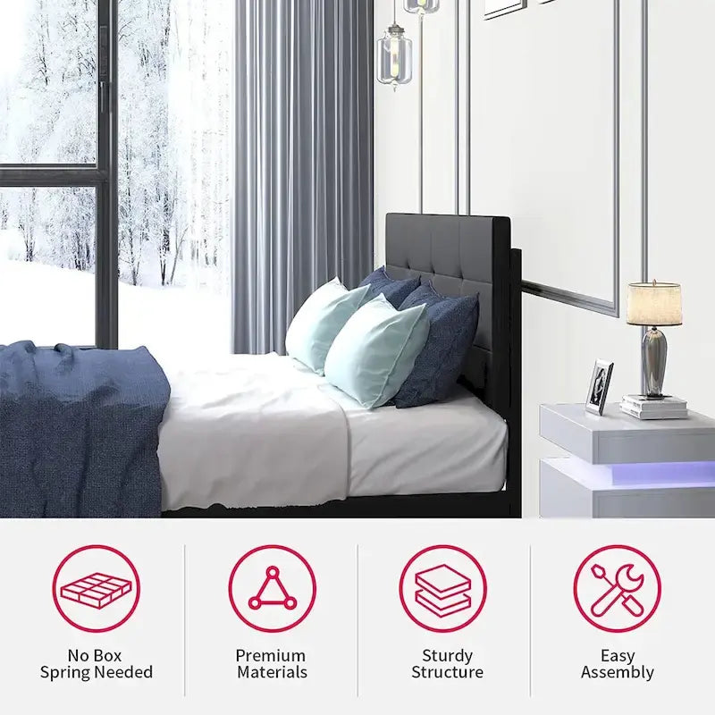 Bed Frame with Smart LED Lights Button Tufted Headboard PVC Fabric Upholstered Platform No Box Spring Needed
