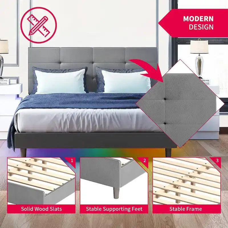 Struttura letto con luci LED intelligenti, testiera con bottoni, rivestimento in tessuto PVC e base a piattaforma, non richiede rete a molle