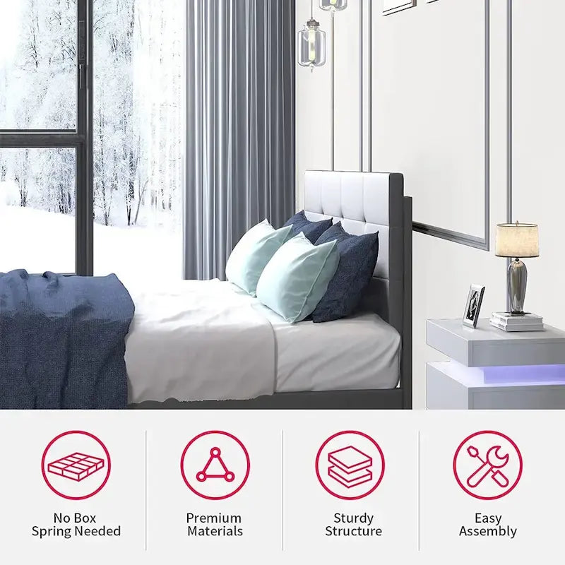 Struttura letto con luci LED intelligenti, testiera con bottoni, rivestimento in tessuto PVC e base a piattaforma, non richiede rete a molle