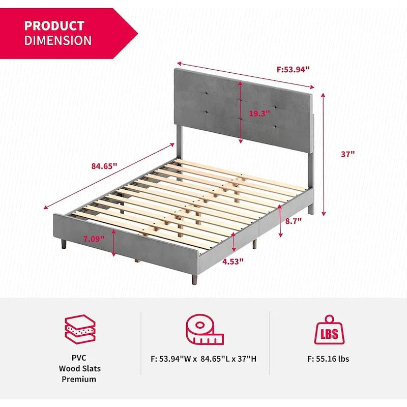 Struttura letto con luci LED intelligenti, testiera con bottoni, rivestimento in tessuto PVC e base a piattaforma, non richiede rete a molle