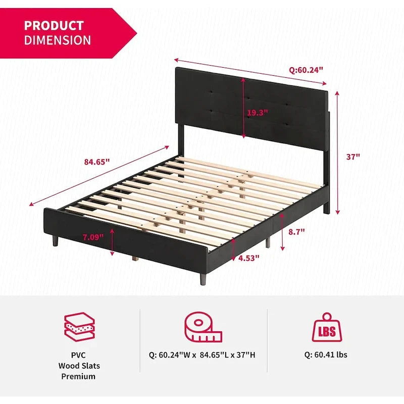 Struttura letto con luci LED intelligenti, testiera con bottoni, rivestimento in tessuto PVC e base a piattaforma, non richiede rete a molle