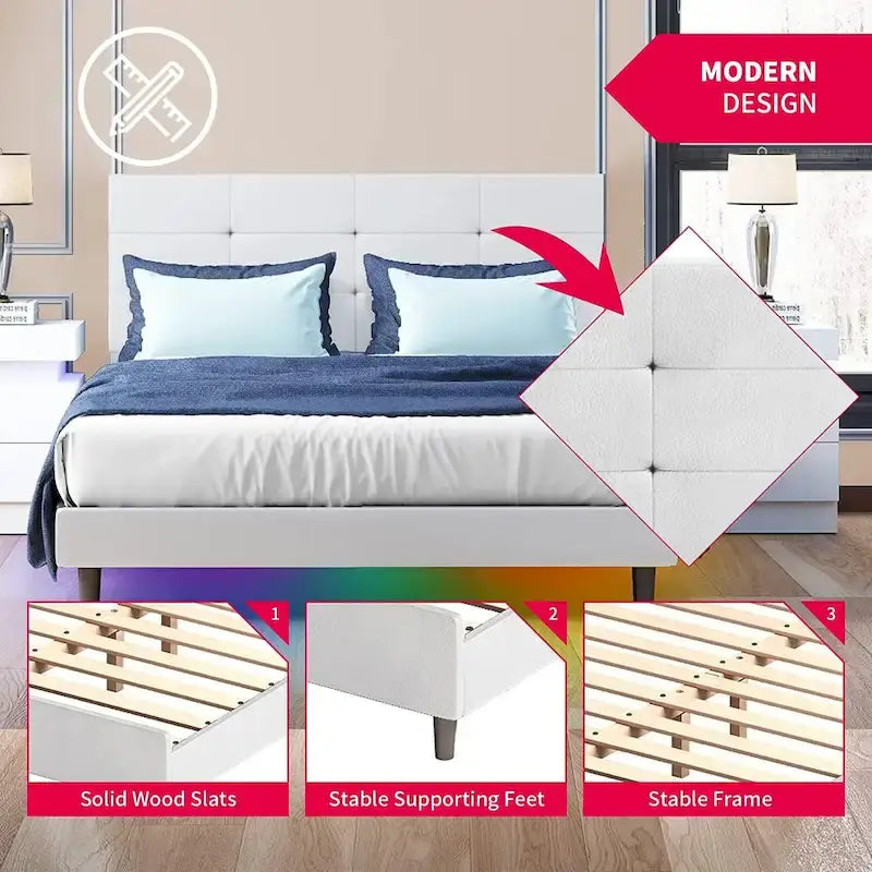 Struttura letto con luci LED intelligenti, testiera con bottoni, rivestimento in tessuto PVC e base a piattaforma, non richiede rete a molle