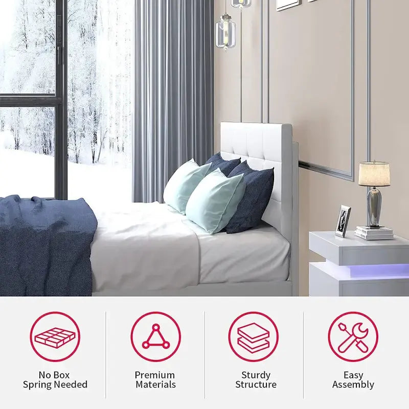 Struttura letto con luci LED intelligenti, testiera con bottoni, rivestimento in tessuto PVC e base a piattaforma, non richiede rete a molle