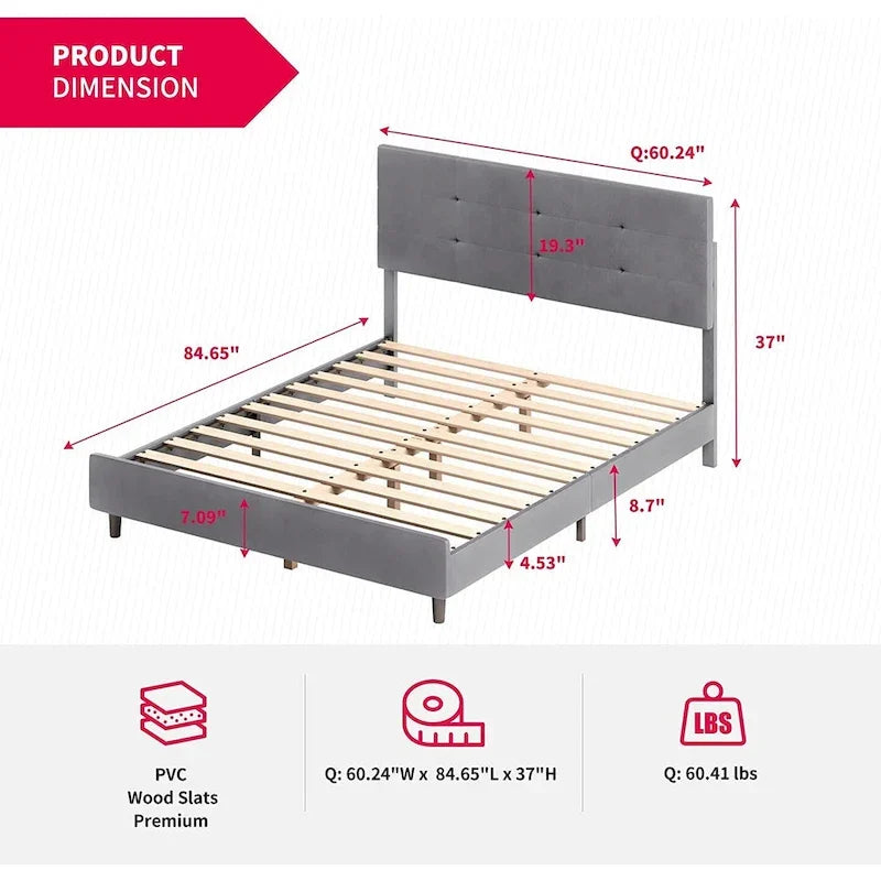 Struttura letto con luci LED intelligenti, testiera con bottoni, rivestimento in tessuto PVC e base a piattaforma, non richiede rete a molle