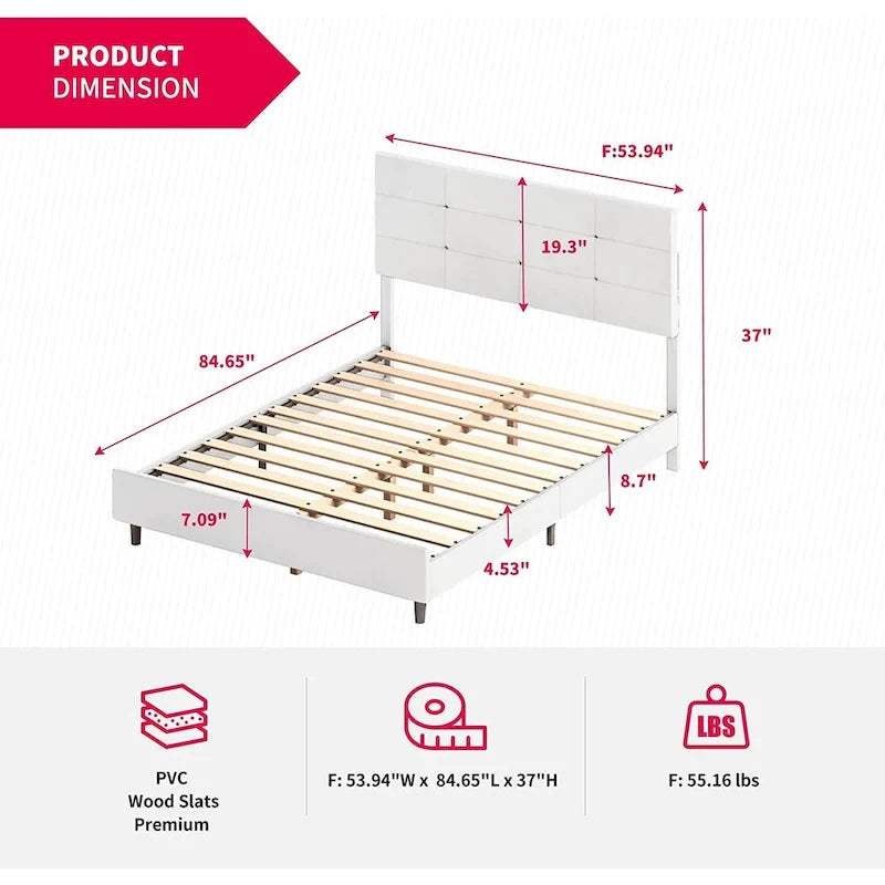 Struttura letto con luci LED intelligenti, testiera con bottoni, rivestimento in tessuto PVC e base a piattaforma, non richiede rete a molle
