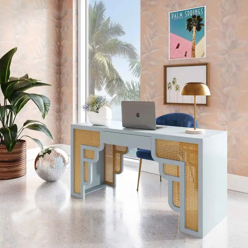 Scrivania in legno e rattan con 1 cassetto