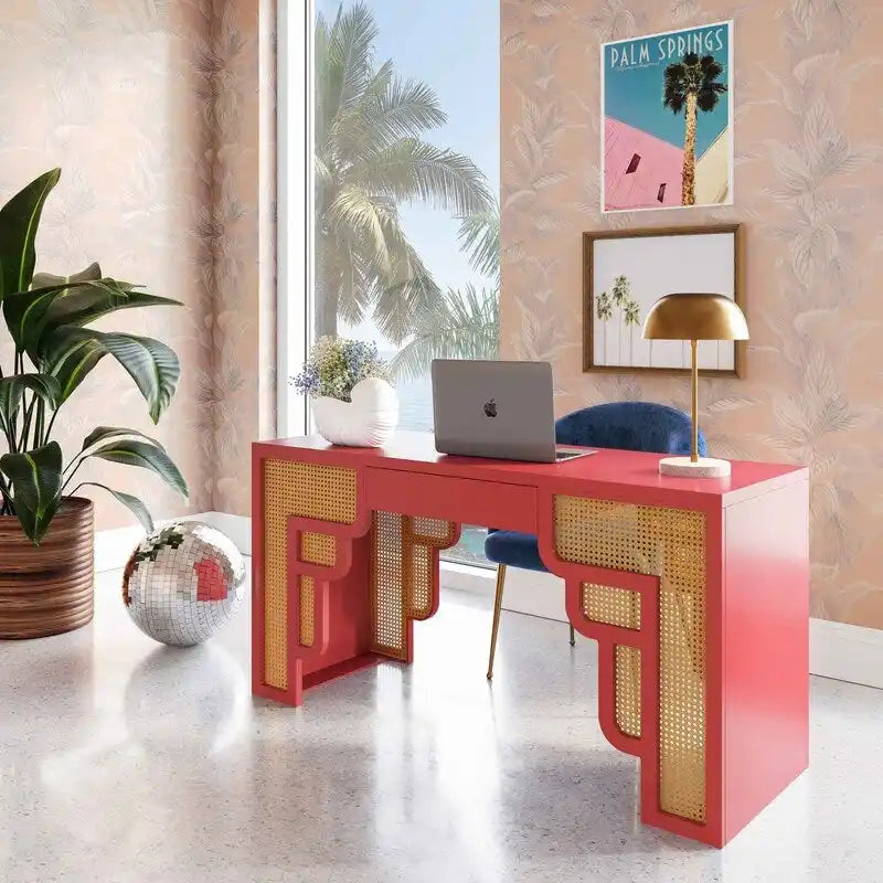 Scrivania in legno e rattan con 1 cassetto