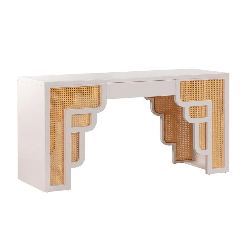 Scrivania in legno e rattan con 1 cassetto