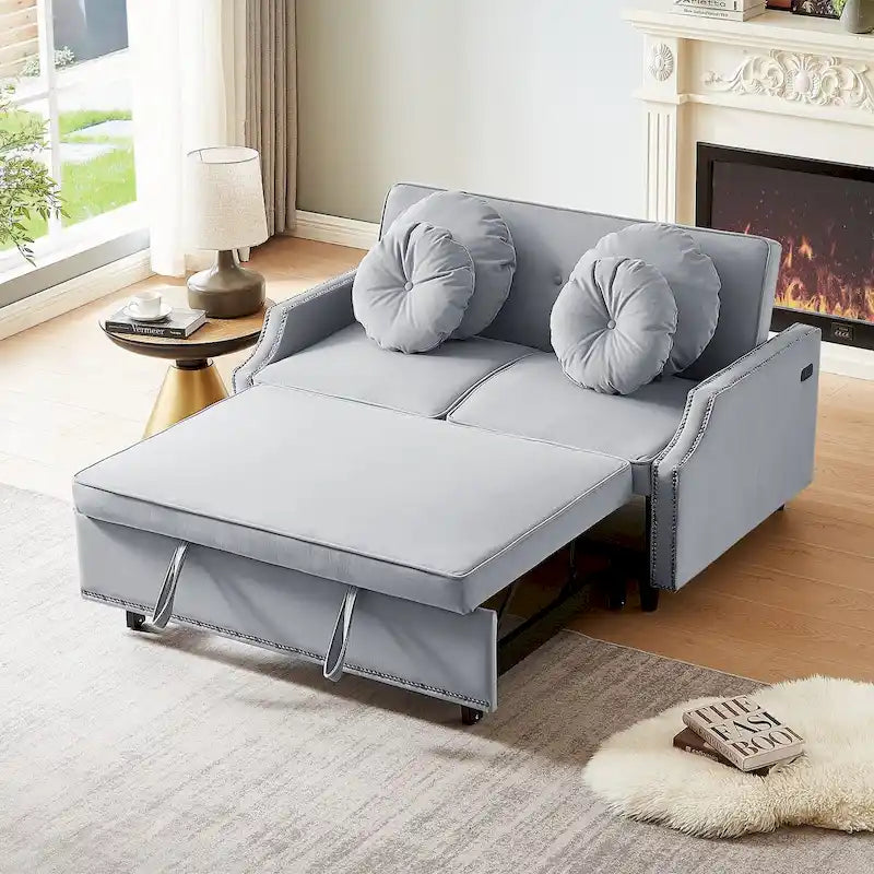 Divanetto letto con schienale regolabile con bottoni, 2 porte USB e 4 cuscini