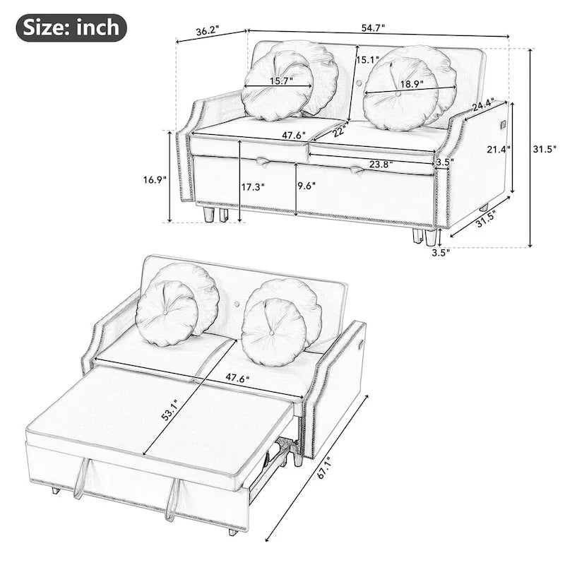 Divanetto letto con schienale regolabile con bottoni, 2 porte USB e 4 cuscini