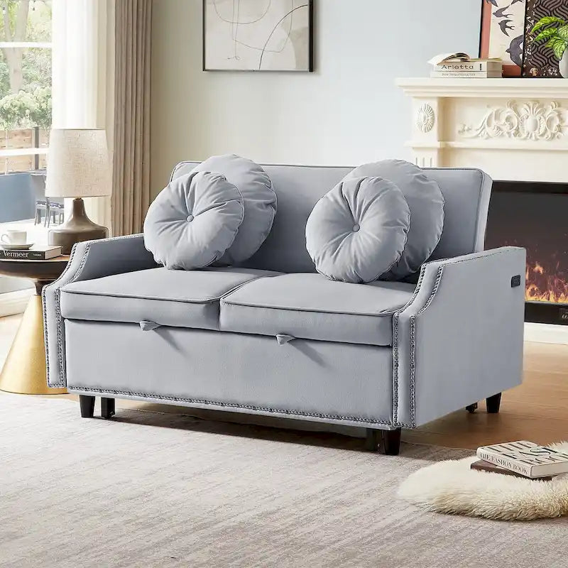 Divanetto letto con schienale regolabile con bottoni, 2 porte USB e 4 cuscini