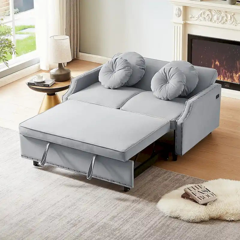 Divanetto letto con schienale regolabile con bottoni, 2 porte USB e 4 cuscini